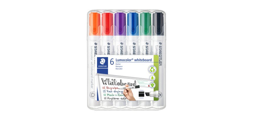 Marqueur effaçable rechargeable Staedtler Lumocolor 351B pointe biseautée 2 à 5 mm couleurs assorties - Pochette de 6