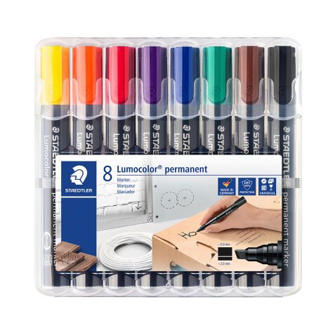 Marqueur permanent rechargeable Staedtler Lumocolor 350 pointe biseautée 2 à 5 mm couleurs assorties - Pochette de 8