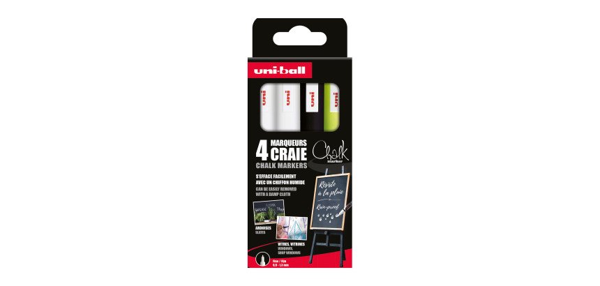 Marqueur craie effaçable Uni-Ball Chalk pointe ogive 0,9 à 1,3 mm couleurs assorties - Pochette de 4