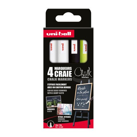 Rotulador permanente de tiza borrable Uni-Ball Chalk punta de lanza 0,9 a 1,3 mm colores surtidos - Paquete de 4