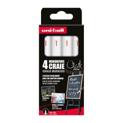 Uitwisbare krijtmarker Uni-Ball Chalk kegelpunt van 0,9 tot 1,3 mm - hoesje met 4 witte markers