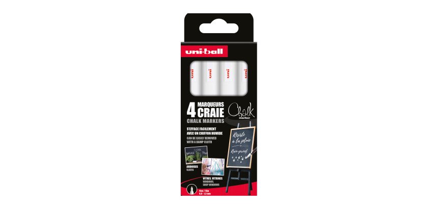 Marqueur craie effaçable Uni-Ball Chalk pointe ogive 0,9 à 1,3 mm blanc - Pochette de 4
