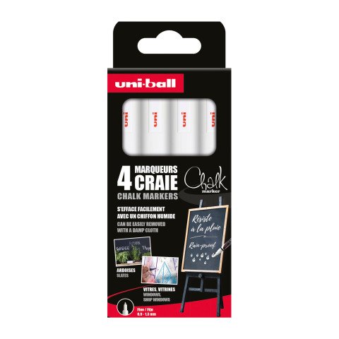 Marcador de tiza borrable Uni-Ball Chalk, punta redonda de 0,9 a 1,3 mm, blanco - Paquete de 4