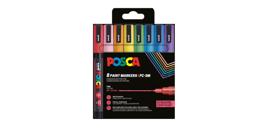 Marqueur Posca PC3ML pointe ogive 0,9 - 1,3 mm couleurs assorties pailletées - Etui de 8