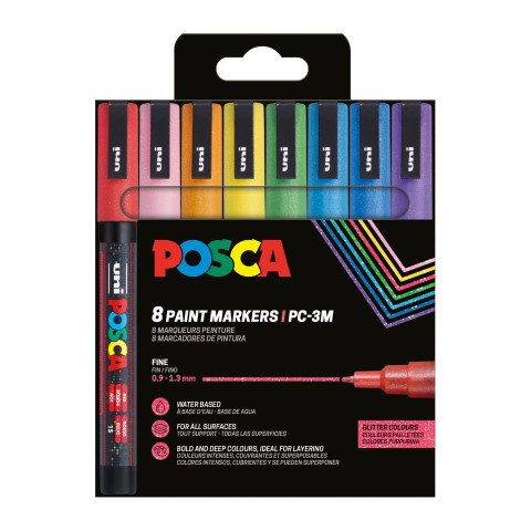 Rotulador permanente Uni-Ball Posca PC3ML punta de lanza 0,9 - 1,3 mm colores surtidos brillantes - Estuche de 8