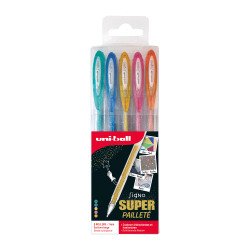 Stylo roller Uni Ball Signo pointe 0,8 mm couleurs assorties pailletées- Pochette de 5