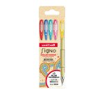 Stylo roller Uni Ball Signo pointe 0,8 mm couleurs assorties pailletées- Pochette de 5