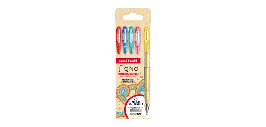 Bolígrafo roller Uni Ball Signo punta 0,8 mm colores surtidos brillantes - Paquete de 5