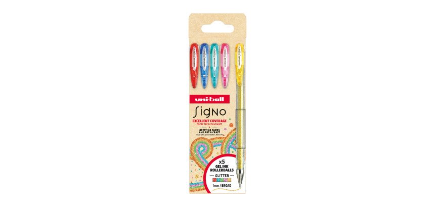 Stylo roller Uni Ball Signo pointe 0,8 mm couleurs assorties pailletées- Pochette de 5