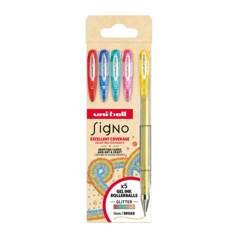 Stylo roller Uni Ball Signo pointe 0,8 mm couleurs assorties pailletées- Pochette de 5