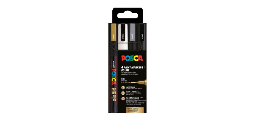 Marqueur Posca PC3M pointe ogive 0,9 à 1,3 mm couleurs assorties - Etui de 4