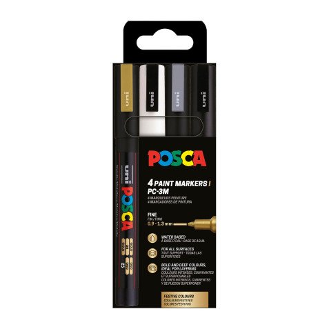 Marqueur Uni-Ball Posca PC3M pointe ogive 0,9 à 1,3 mm couleurs assorties - Etui de 4