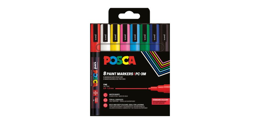 Rotulador permanente Uni-Ball Posca PC3M punta de lanza 0,9 a 1,3 mm colores surtidos - Estuche de 8