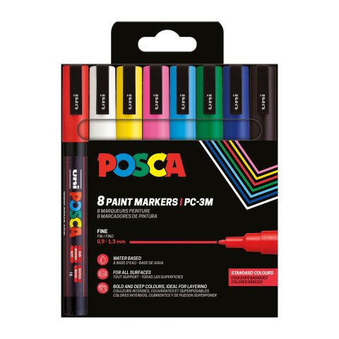 Rotulador permanente Uni-Ball Posca PC3M punta de lanza 0,9 a 1,3 mm colores surtidos - Estuche de 8