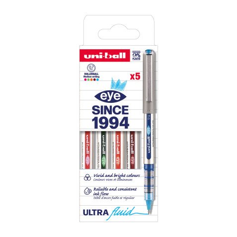 Bolígrafo estilográfico Uni Ball Eye punta 0,7 mm escritura media colores surtidos - Estuche de 5