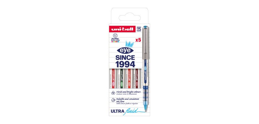 Stylo roller Uni Ball Eye pointe 0,7 mm écriture moyenne couleurs assorties fun- Pochette de 5