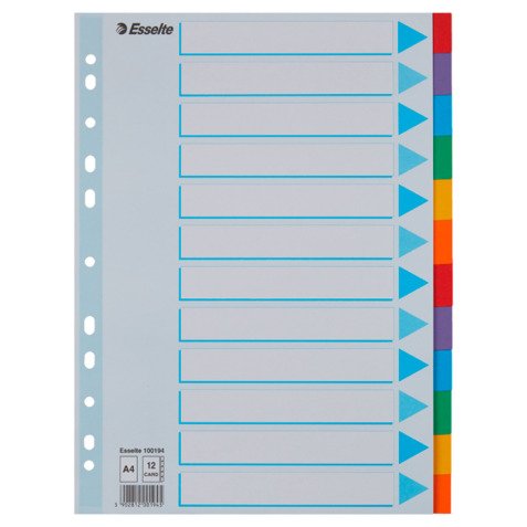 Intercalaires A4 carte colorée Esselte 12 onglets - 1 jeu