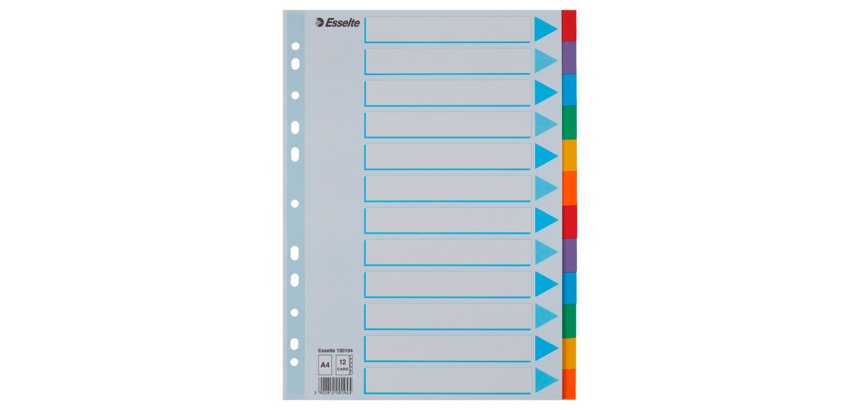 Intercalaires A4 carte colorée Esselte 12 onglets - 1 jeu