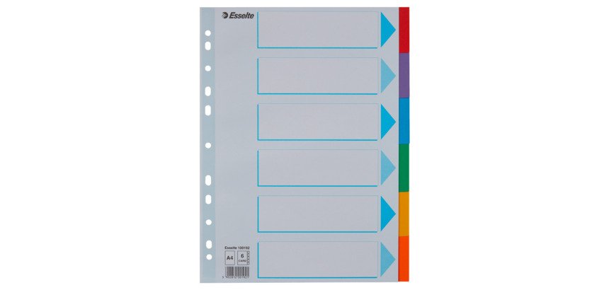 Intercalaires A4 carte colorée Esselte 6 onglets - 1 jeu