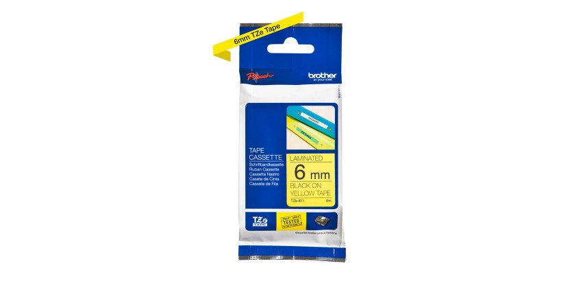 Ruban laminé Brother 6 mm TZE 611 jaune écriture noire