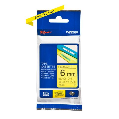 Cinta laminada Brother TZE 611 negro sobre amarillo 6mm x 8m