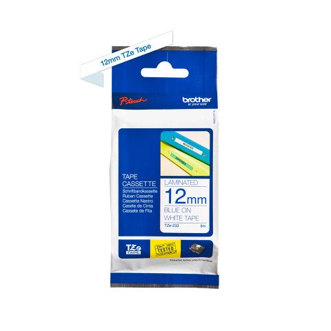 Cinta laminada Brother TZE 233 azul sobre blanco 12mm x 8m
