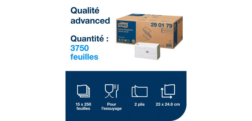 Essuie-mains pliage en V Tork H3 Advanced vert - Carton de 3750