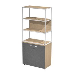 Libreria in metallo media bianco ripiani rovere sovrapposta ad armadio basso rovere