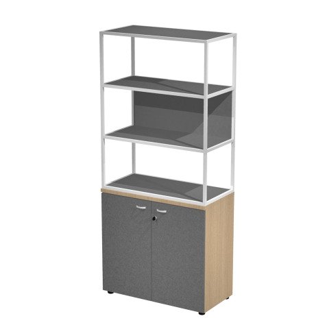 Libreria in metallo media bianco ripiani antracite sovrapposta ad armadio basso rovere