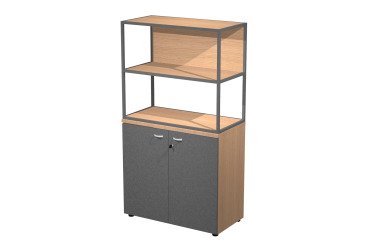 Libreria in metallo bassa antracite con ripiani rovere sovrapposta ad armadio basso rovere