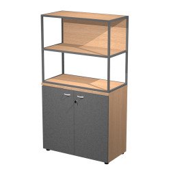 Libreria in metallo bassa antracite con ripiani rovere sovrapposta ad armadio basso rovere