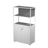 Libreria in metallo bassa bianco con ripiani antracite sovrapposta ad armadio basso bianco con ante