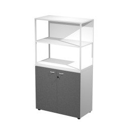 Libreria in metallo bassa bianco sovrapposta ad armadio basso bianco con ante
