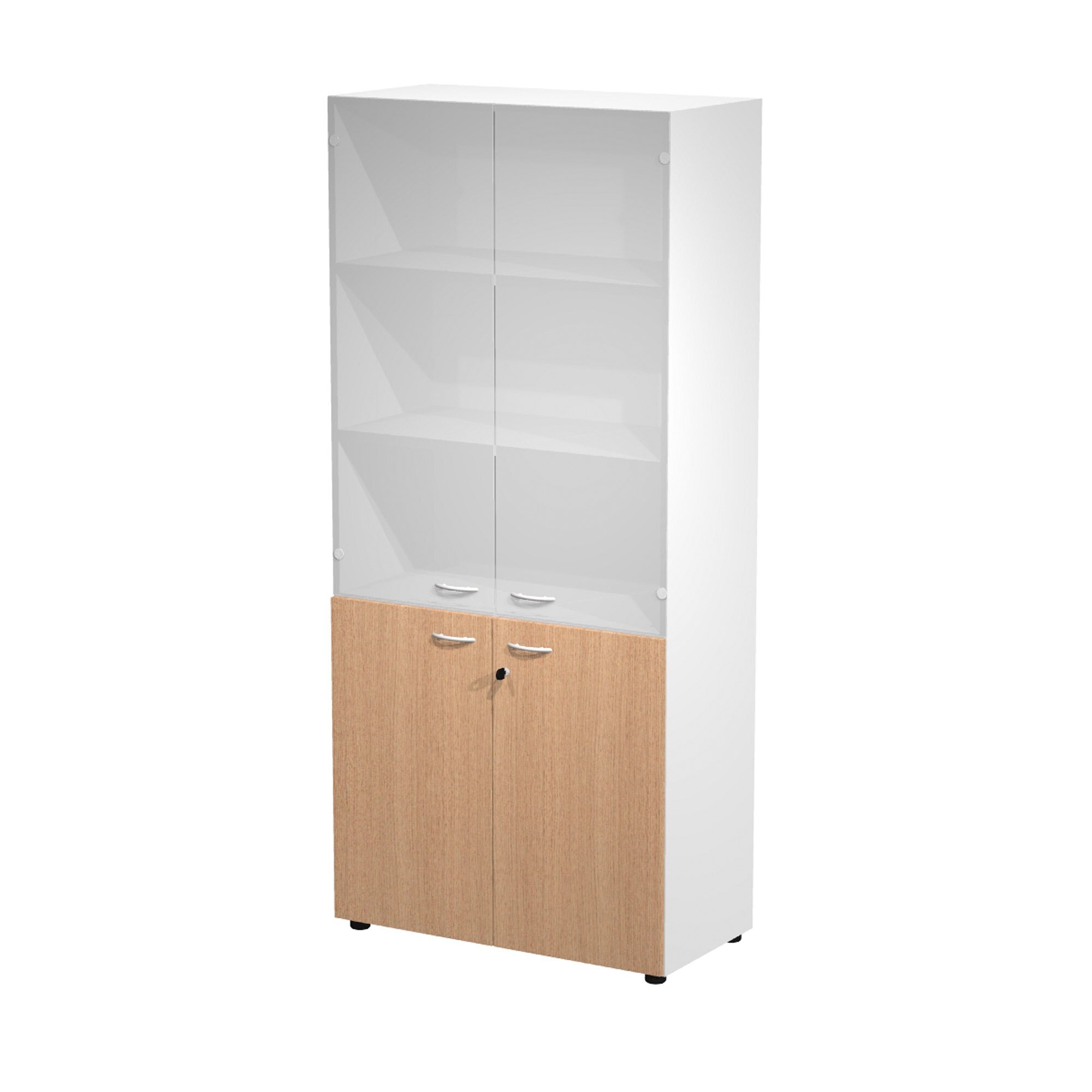 Tall wardrobe with low melamine doors and medium glass doors in the upper part Blade l 90 x d 45.8 x h 200 cm
