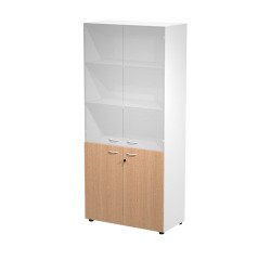 Tall wardrobe with low melamine doors and medium glass doors in the upper part Blade l 90 x d 45.8 x h 200 cm