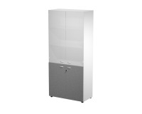 Armadio alto bianco con ante basse battenti in melaminico antracite con serratura L 90 x P 45,8 x h 200 cm, parte superiore con ante medie in vetro, inferiore con ante in melaminico colore antracite.