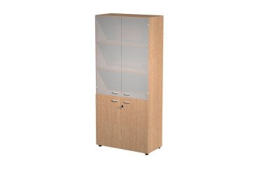 Armadio alto con ante basse battenti in melaminico con serratura L 90 x P 45,8 x h 200 cm, parte superiore con ante medie in vetro, inferiore con ante in melaminico