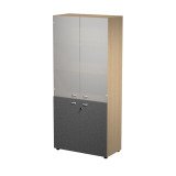 Armadio alto con ante basse battenti in melaminico antracite con serratura L 90 x P 45,8 x h 200 cm, parte superiore con ante medie in vetro, inferiore con ante in melaminico colore antracite.