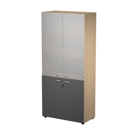 Armadio alto con ante basse battenti in melaminico antracite con serratura L 90 x P 45,8 x h 200 cm, parte superiore con ante medie in vetro, inferiore con ante in melaminico colore antracite.