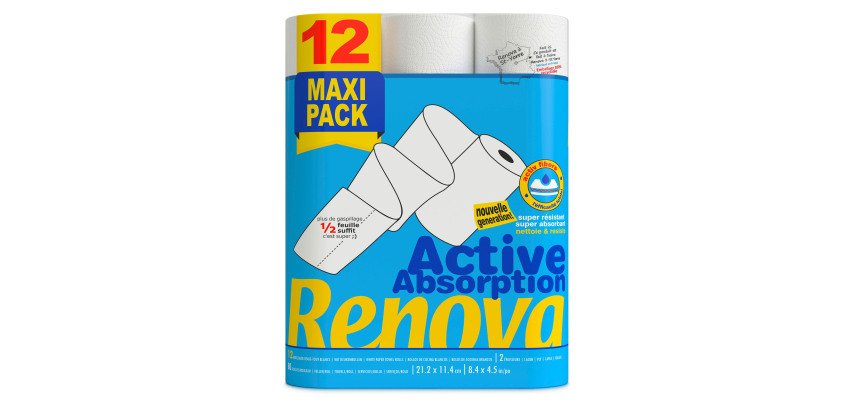 Essuie-tout Active Absorption 1/2 feuille Renova - Paquet de 12 rouleaux