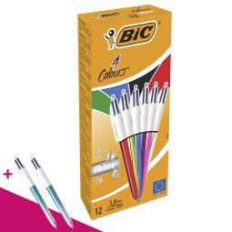 Stylo bille 4 couleurs Bic Shine rétractable pointe 1 mm - écriture moyenne - Cadeau pour 1 boîte de 12 = 2 stylos 4 Couleurs Bicolore offerts