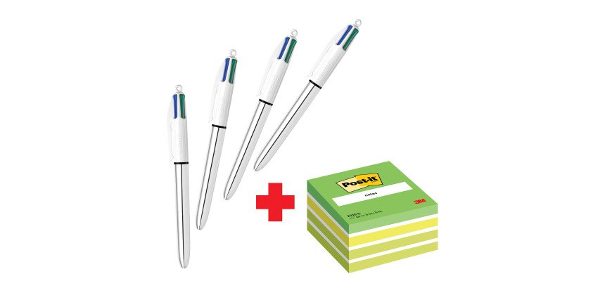 Confezione speciale 4 Penne 4 colori Shine Silver Bic e 1 cubo 76x76 mm Verde Pastel Post it