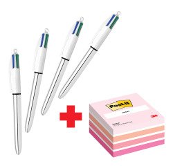 Confezione speciale 4 Penne BIC 4 colori Shine Silver e 1 cubo 76x76 mm Rosa Pastel Post it