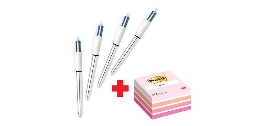 Confezione speciale 4 Penne BIC 4 colori Shine Silver e 1 cubo 76x76 mm Rosa Pastel Post it