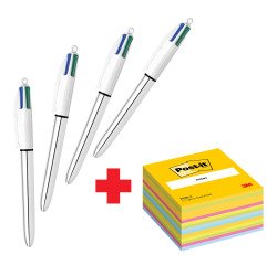 Confezione speciale 4 Penne 4 colori Shine Silver Bic e 1 cubo 76x76 mm Ultra Neon Post it