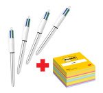 Confezione speciale 4 Penne 4 colori Shine Silver Bic e 1 cubo 76x76 mm Ultra Neon Post it