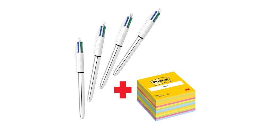 Confezione speciale 4 Penne 4 colori Shine Silver Bic e 1 cubo 76x76 mm Ultra Neon Post it