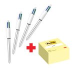 Confezione speciale 4 Penne 4 colori Shine Silver Bic e 1 cubo 76x76 mm Giallo Post it