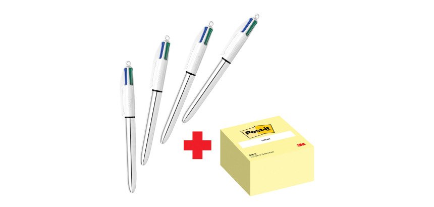Confezione speciale 4 Penne 4 colori Shine Silver Bic e 1 cubo 76x76 mm Giallo Post it