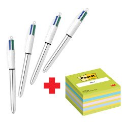 Confezione speciale 4 Penne 4 colori Shine Silver Bic e 1 cubo 76x76 mm Blu Verde Neon Post it